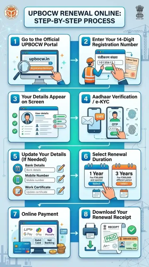 inforgraphic showing UPBOCW Renewal online Process Step-by-Step 